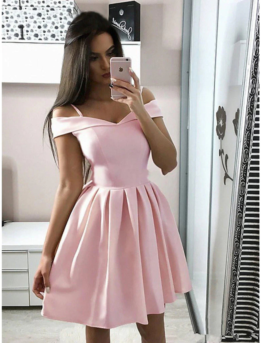 NumberSea - A - Line Cocktail Dresses Minimalist Dress Homecoming Party Wear Knee Length Sleeveless V Neck Pink Dress Stretch Fabric with Pleats