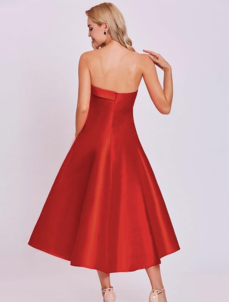 NumberSea - A - Line Cocktail Dresses Minimalist Dress Homecoming Tea Length Sleeveless Strapless Satin with Sleek