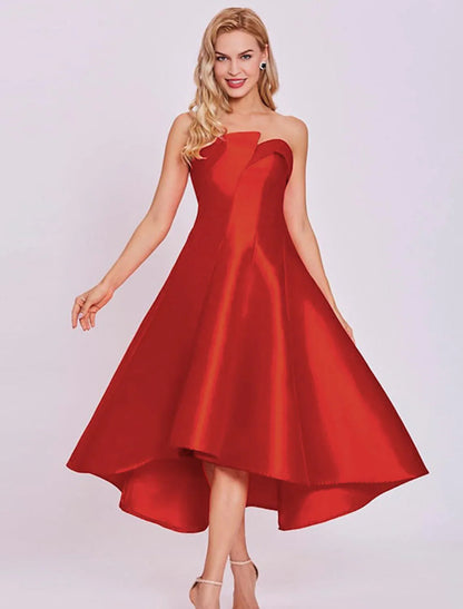 NumberSea - A - Line Cocktail Dresses Minimalist Dress Homecoming Tea Length Sleeveless Strapless Satin with Sleek