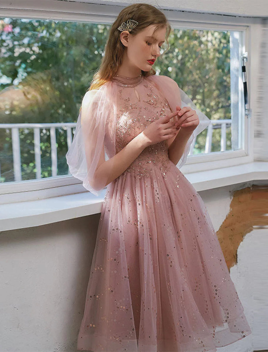 NumberSea - A - Line Cocktail Dresses Party Dress Engagement Knee Length 3/4 Length Sleeve Jewel Neck Tulle with Sequin Appliques