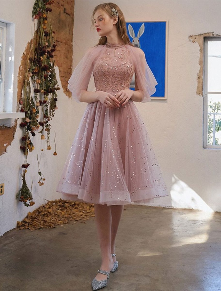 NumberSea - A - Line Cocktail Dresses Party Dress Engagement Knee Length 3/4 Length Sleeve Jewel Neck Tulle with Sequin Appliques