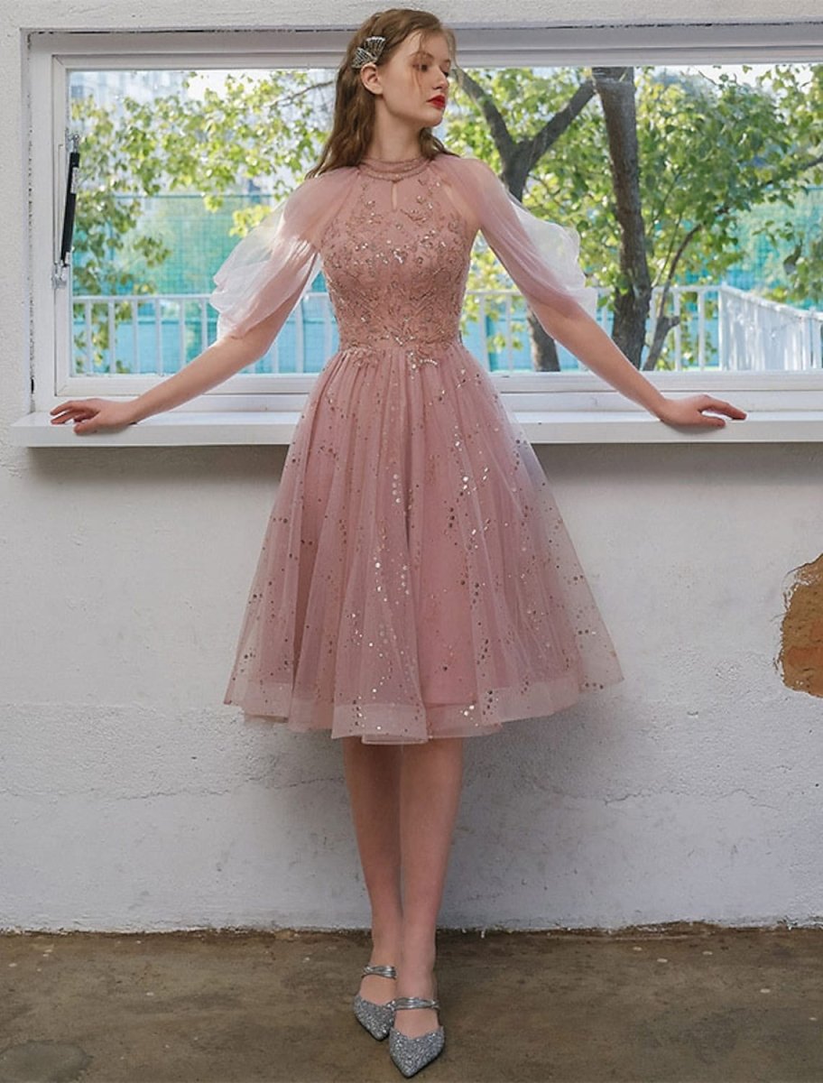 NumberSea - A - Line Cocktail Dresses Party Dress Engagement Knee Length 3/4 Length Sleeve Jewel Neck Tulle with Sequin Appliques