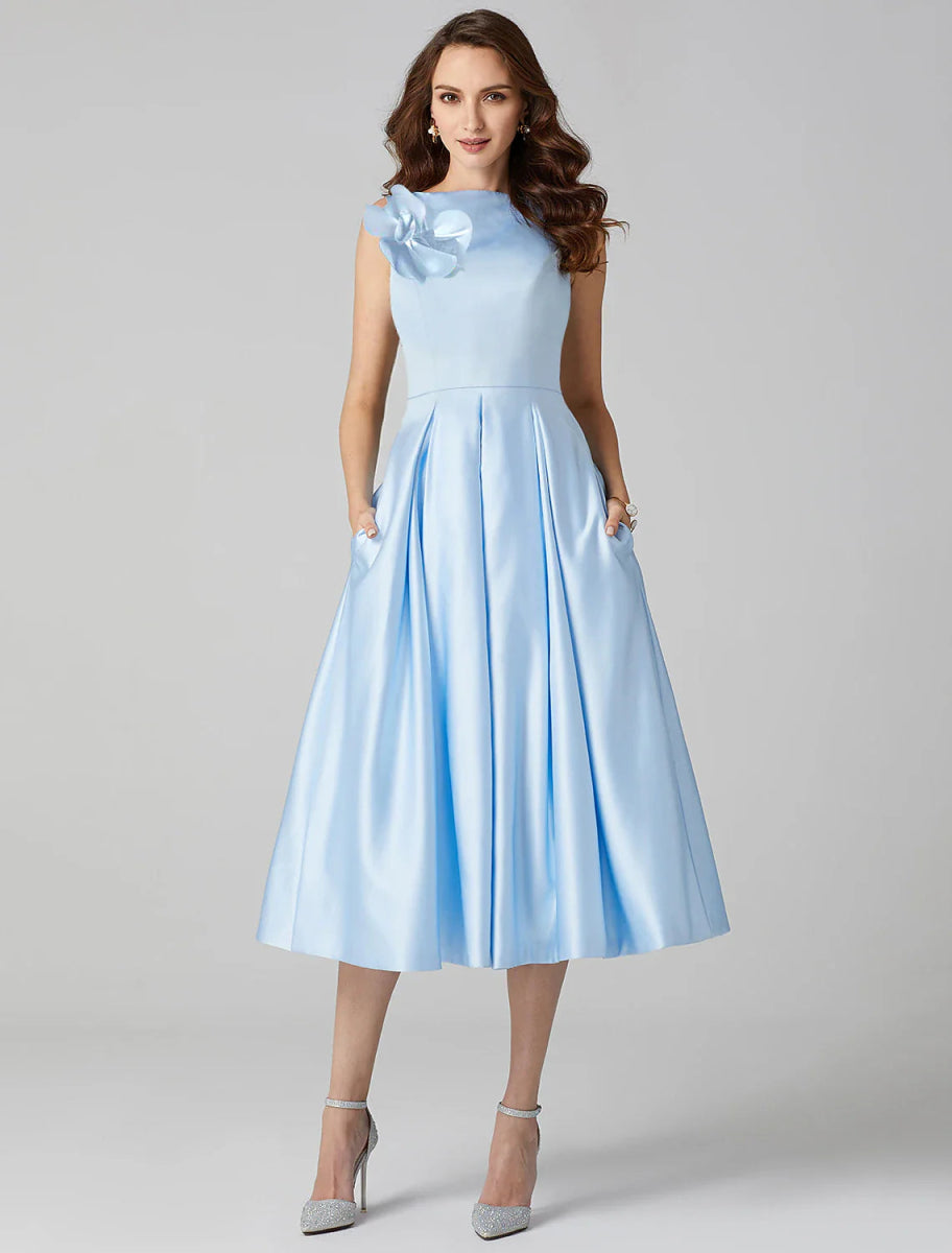 NumberSea - A - Line Cocktail Dresses Party Dress Formal Wedding Guest Tea Length Sleeveless Jewel Neck Pocket Satin with Pleats Shouder Flower