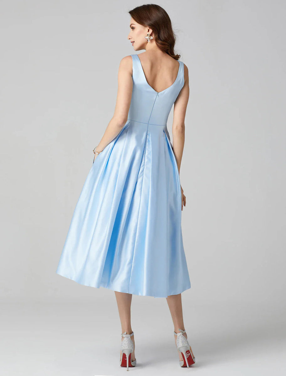 NumberSea - A - Line Cocktail Dresses Party Dress Formal Wedding Guest Tea Length Sleeveless Jewel Neck Pocket Satin with Pleats Shouder Flower