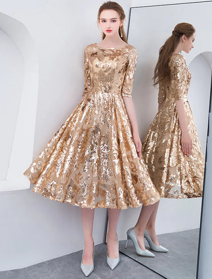 NumberSea - A - Line Cocktail Dresses Party Dress Holiday Tea Length Half Sleeve Jewel Neck Sequined with