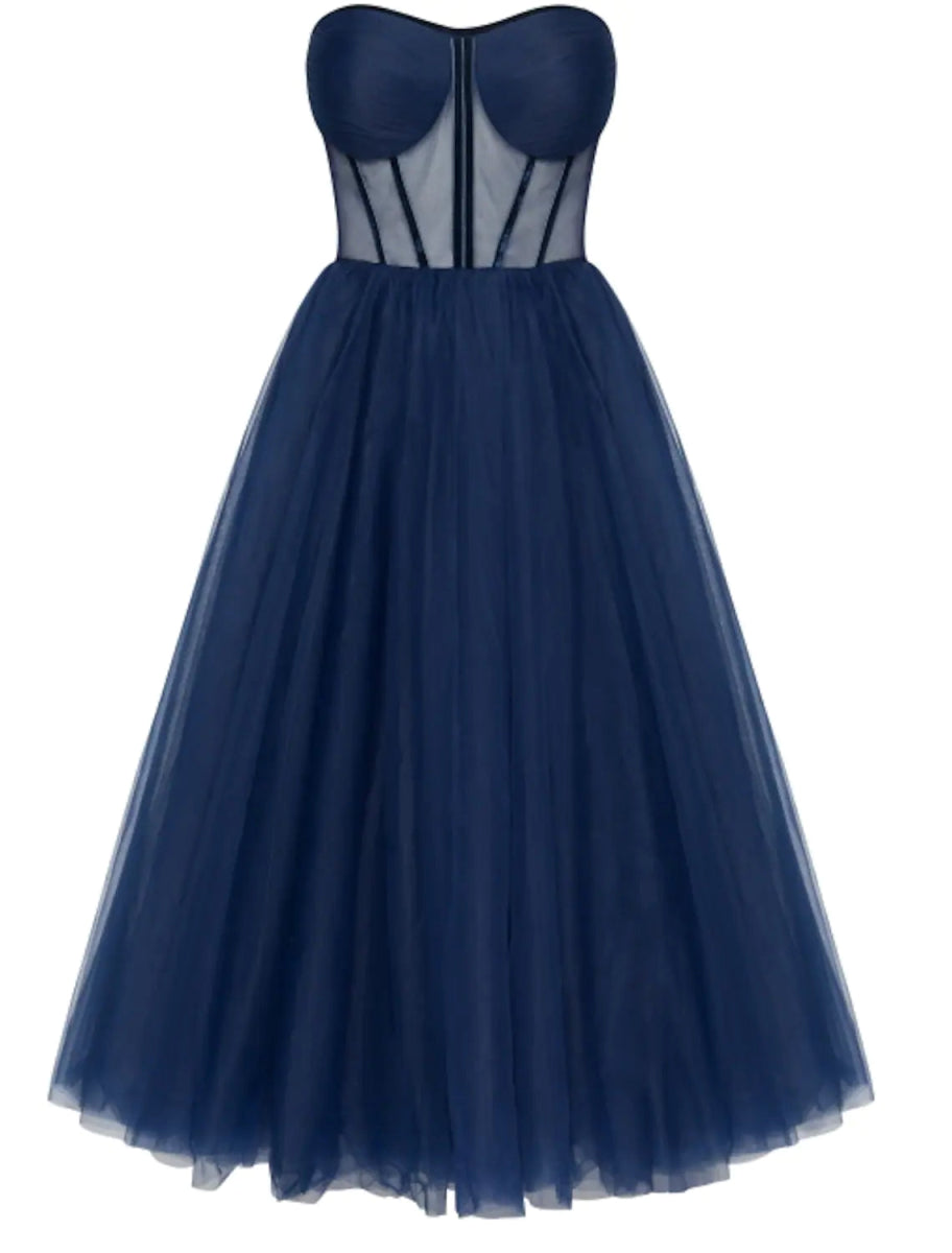 NumberSea - A - Line Cocktail Dresses Party Dress Wedding Guest Tea Length Sleeveless Sweetheart Tulle with Pleats