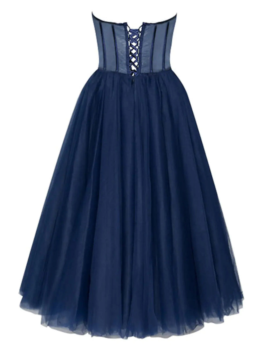 NumberSea - A - Line Cocktail Dresses Party Dress Wedding Guest Tea Length Sleeveless Sweetheart Tulle with Pleats