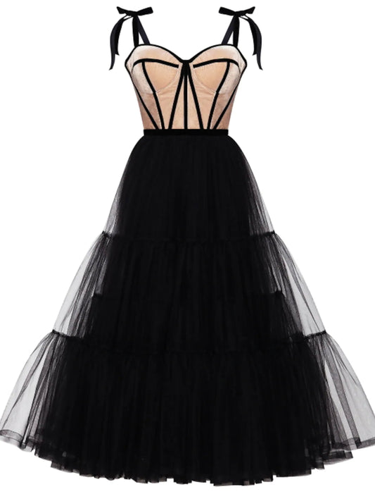 NumberSea - A - Line Cocktail Dresses Party Dress Wedding Guest Tea Length Sleeveless Sweetheart Wednesday Addams Family Tulle with Pleats Tiered