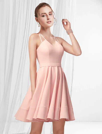 NumberSea - A - Line Cocktail Dresses Reformation Amante Dress Homecoming Party Wear Short / Mini Sleeveless Spaghetti Strap Pink Dress Satin with Pleats