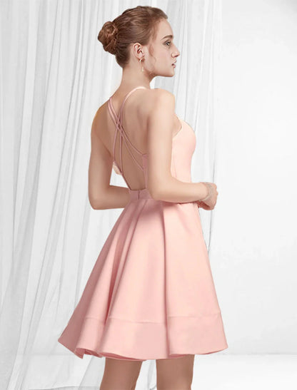 NumberSea - A - Line Cocktail Dresses Reformation Amante Dress Homecoming Party Wear Short / Mini Sleeveless Spaghetti Strap Pink Dress Satin with Pleats