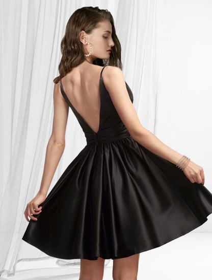 NumberSea - A - Line Cocktail Dresses Reformation Amante Dress Homecoming Short / Mini Sleeveless V Neck Satin with Pleats