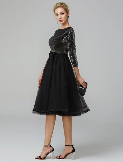 NumberSea - A - Line Cocktail Dresses Sparkle & Shine Dress Formal Wedding Guest Tea Length 3/4 Length Sleeve Jewel Neck Fall Wedding Guest Tulle with Sequin Strappy