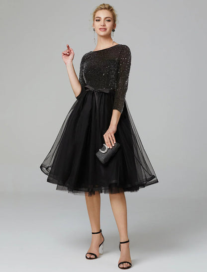 NumberSea - A - Line Cocktail Dresses Sparkle & Shine Dress Formal Wedding Guest Tea Length 3/4 Length Sleeve Jewel Neck Fall Wedding Guest Tulle with Sequin Strappy