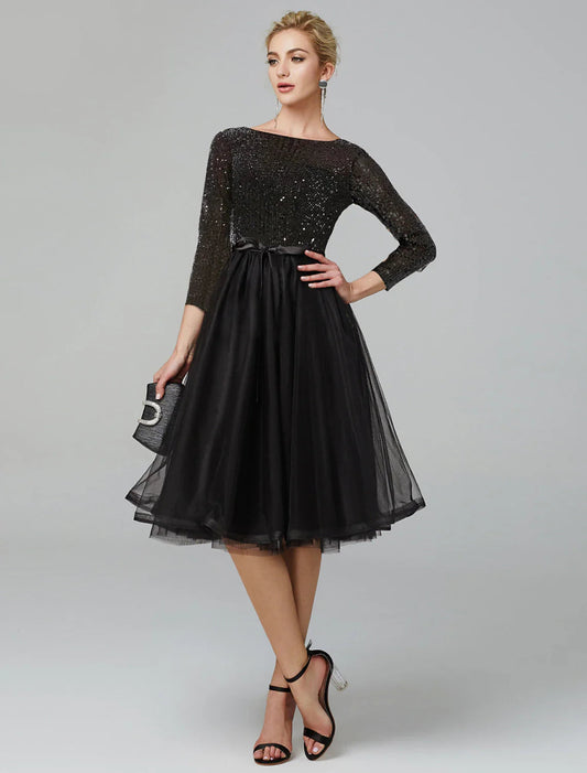 NumberSea - A - Line Cocktail Dresses Sparkle & Shine Dress Formal Wedding Guest Tea Length 3/4 Length Sleeve Jewel Neck Fall Wedding Guest Tulle with Sequin Strappy