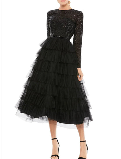 NumberSea - A - Line Cocktail Dresses Sparkle & Shine Dress Party Wear Wedding Guest Tea Length Long Sleeve Jewel Neck Fall Wedding Guest Tulle with Sequin Tiered