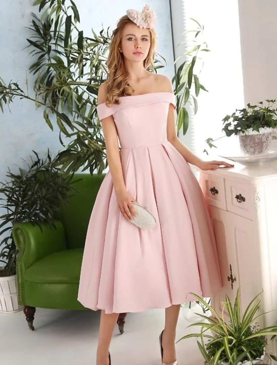 NumberSea - A - Line Cocktail Dresses Vintage Dress Engagement Tea Length Sleeveless Off Shoulder Stretch Fabric with Pleats