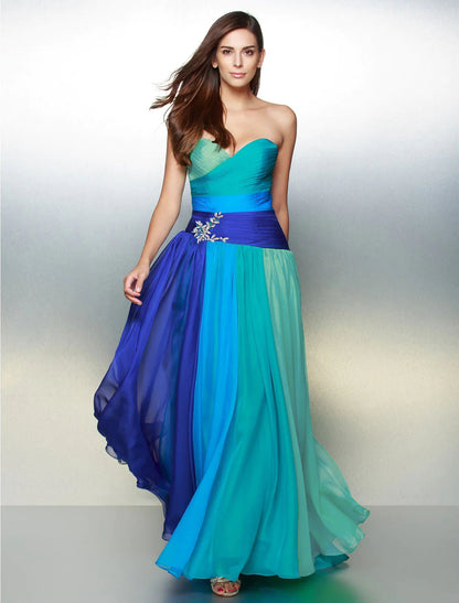 NumberSea - A - Line Color Block Dress Wedding Guest Floor Length Sleeveless Sweetheart Chiffon Backless with Ruched Crystals