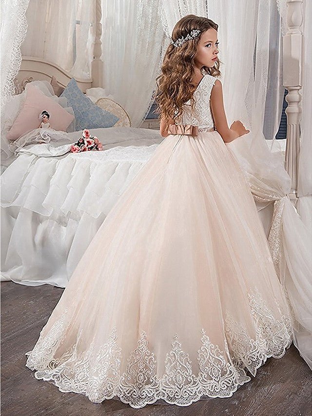 NumberSea - A - Line Crew Neck Sweep Brush Train Satin Tulle Flower Girl Dresses