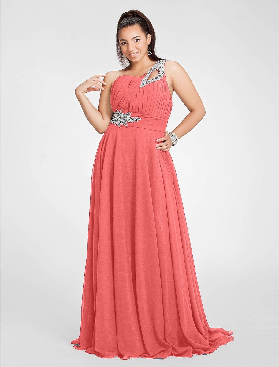 NumberSea - A - Line Cut Out Dress Wedding Guest Sweep / Brush Train Sleeveless One Shoulder Chiffon with Ruched Beading