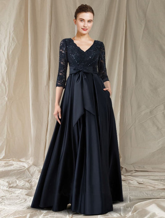 NumberSea - A - Line Cut Out Elegant Engagement Formal Evening Dress V Neck Long Sleeve Floor Length Lace with Bow(s) Pocket