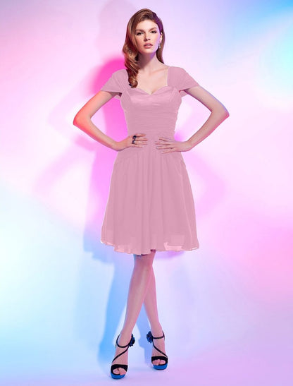 NumberSea - A - Line Cute Dress Homecoming Knee Length Short Sleeve Sweetheart Chiffon with Draping