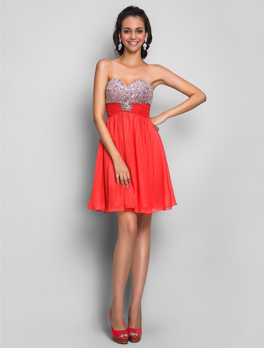 NumberSea - A - Line Cute Dress Wedding Guest Short / Mini Sleeveless Sweetheart Chiffon with Ruched Crystals Beading