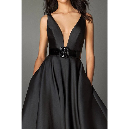 NumberSea - A Line Deep V Neck Belt Black Long Formal Evening Gowns with Pockets