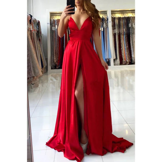 NumberSea - A - line Deep V - neck High Split Red Long Formal Dress