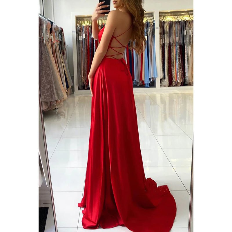 NumberSea - A - line Deep V - neck High Split Red Long Formal Dress