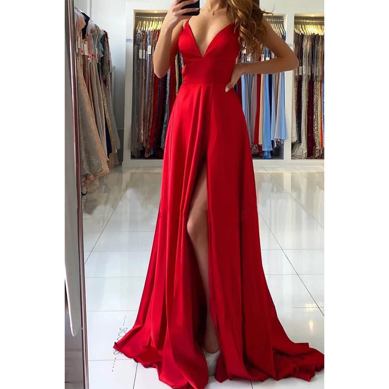 NumberSea - A - line Deep V - neck High Split Red Long Formal Dress