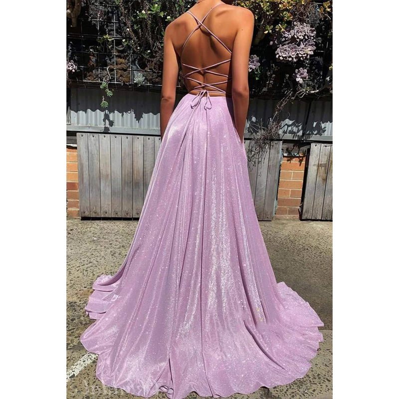 NumberSea - A - line Deep V Neck Lavender Sparkly Prom Dress with Pockets