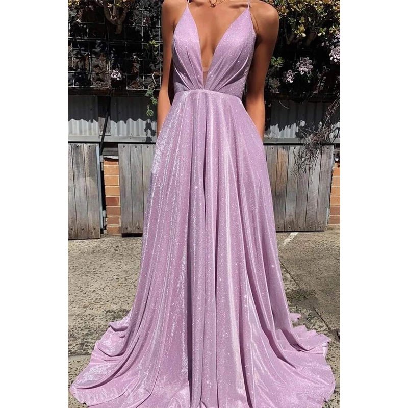 NumberSea - A - line Deep V Neck Lavender Sparkly Prom Dress with Pockets