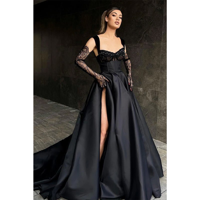 NumberSea - A Line Double Straples Side Slit Black Long Prom Formal Dress