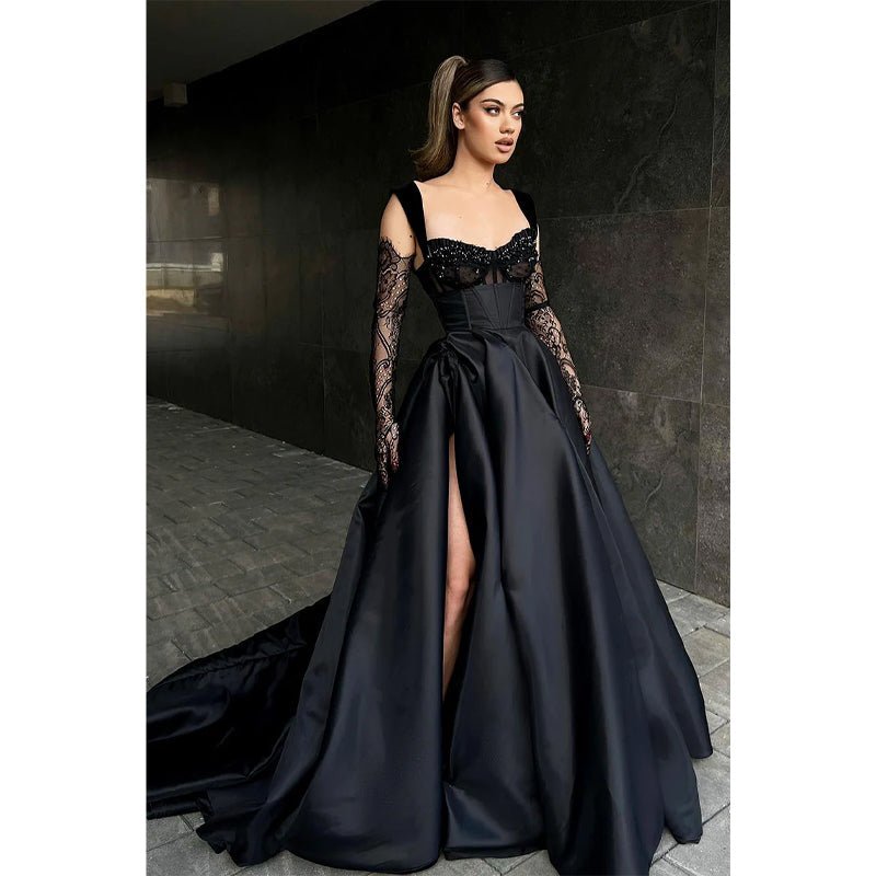 NumberSea - A Line Double Straples Side Slit Black Long Prom Formal Dress