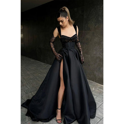 NumberSea - A Line Double Straples Side Slit Black Long Prom Formal Dress