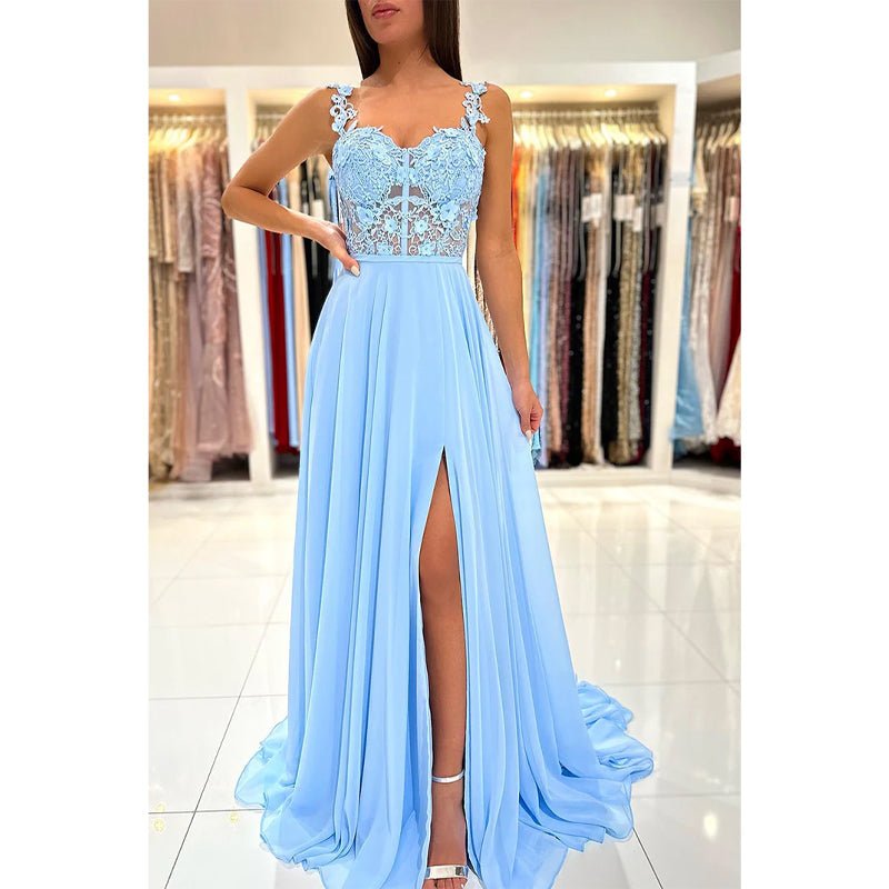 NumberSea - A Line Double Straps Lace Long Prom Formal Dress