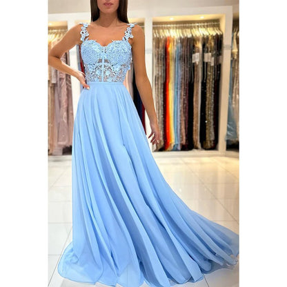 NumberSea - A Line Double Straps Lace Long Prom Formal Dress