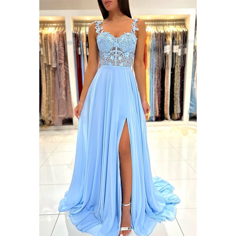 NumberSea - A Line Double Straps Lace Long Prom Formal Dress