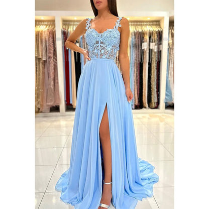 NumberSea - A Line Double Straps Lace Long Prom Formal Dress