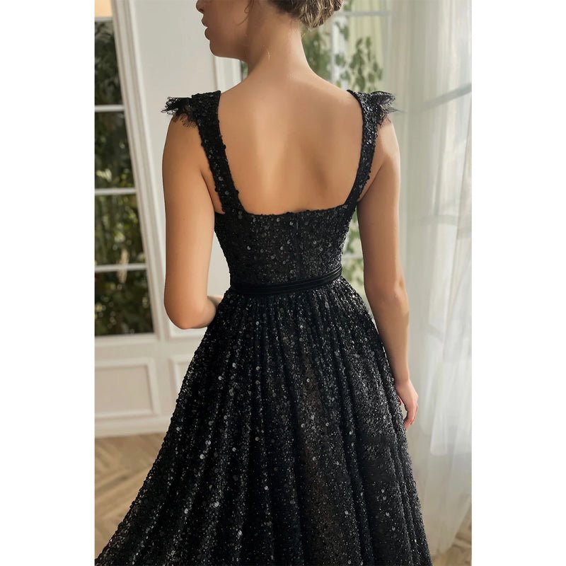 NumberSea - A - line Double Straps Sequins Black Vintage Prom Dress with Pockets