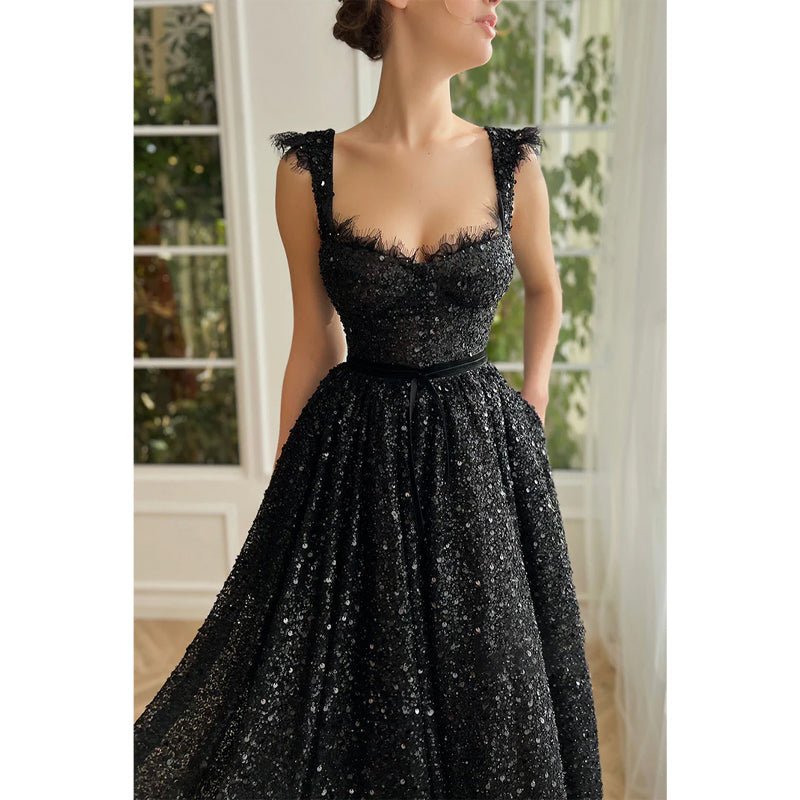 NumberSea - A - line Double Straps Sequins Black Vintage Prom Dress with Pockets