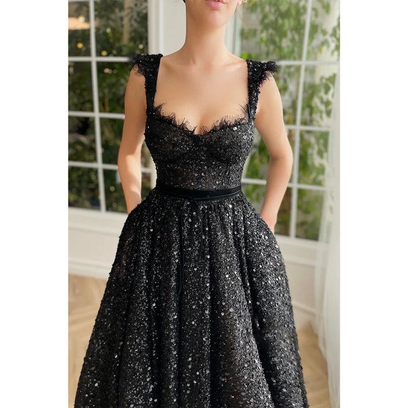 NumberSea - A - line Double Straps Sequins Black Vintage Prom Dress with Pockets