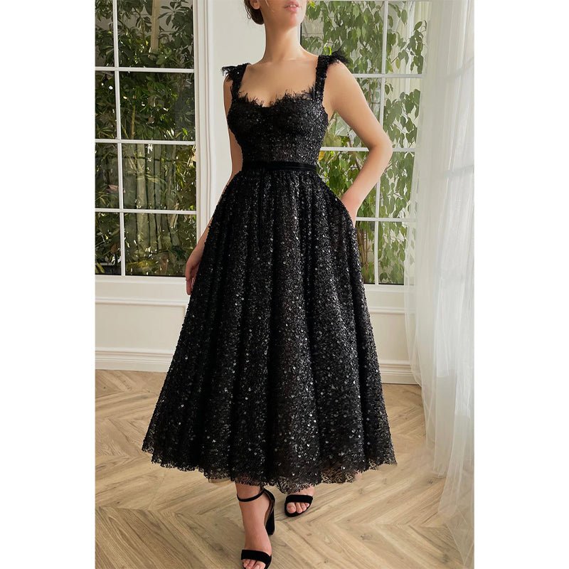 NumberSea - A - line Double Straps Sequins Black Vintage Prom Dress with Pockets