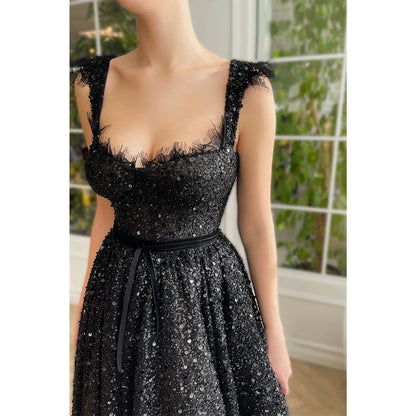 NumberSea - A - line Double Straps Sequins Black Vintage Prom Dress with Pockets