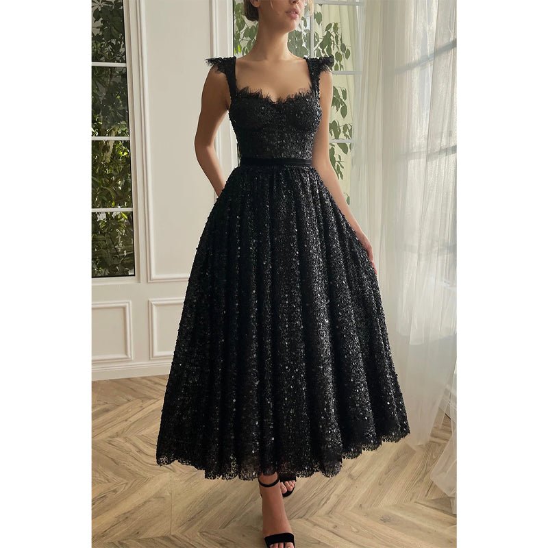 NumberSea - A - line Double Straps Sequins Black Vintage Prom Dress with Pockets