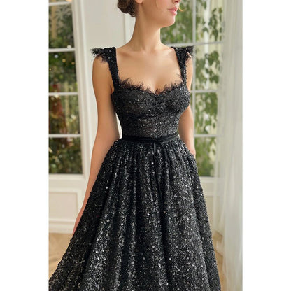 NumberSea - A - line Double Straps Sequins Black Vintage Prom Dress with Pockets