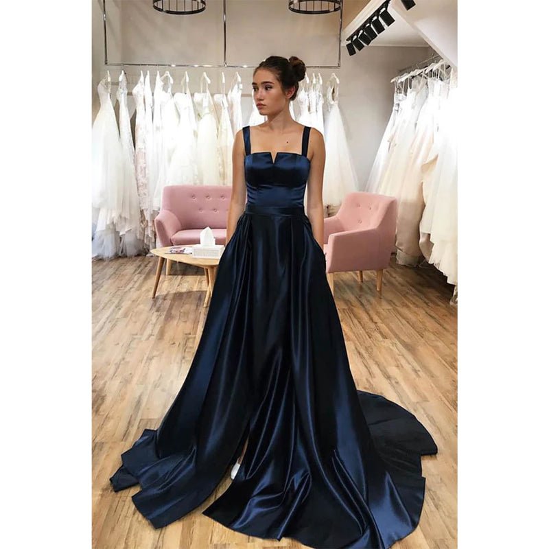 NumberSea - A - line Double Straps Split Long Prom Dress with Pockets