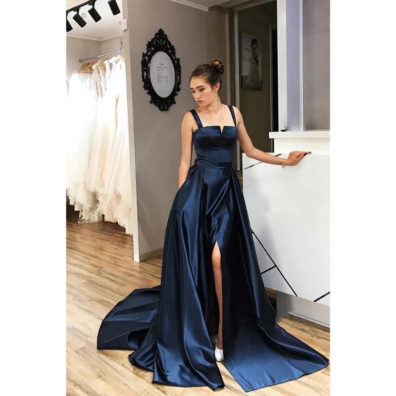 NumberSea - A - line Double Straps Split Long Prom Dress with Pockets