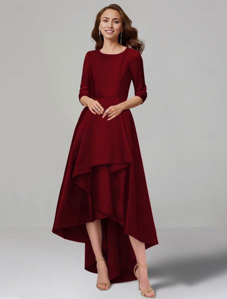 NumberSea - A - Line Dress Mother of the Bride Dress Elegant V Neck Tea Length Satin 3/4 Length Sleeve