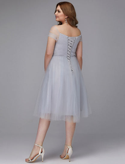 NumberSea - A - Line Elegant Dress Wedding Guest Cocktail Party Tea Length Short Sleeve Off Shoulder Tulle with Sash / Ribbon Criss Cross